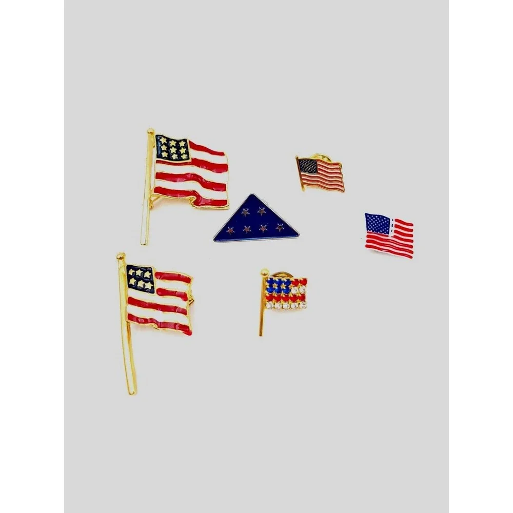 Vintage American‎ Flag USA Brooches Pins Lot of 6 Patriotic Triangle Rhinestones
